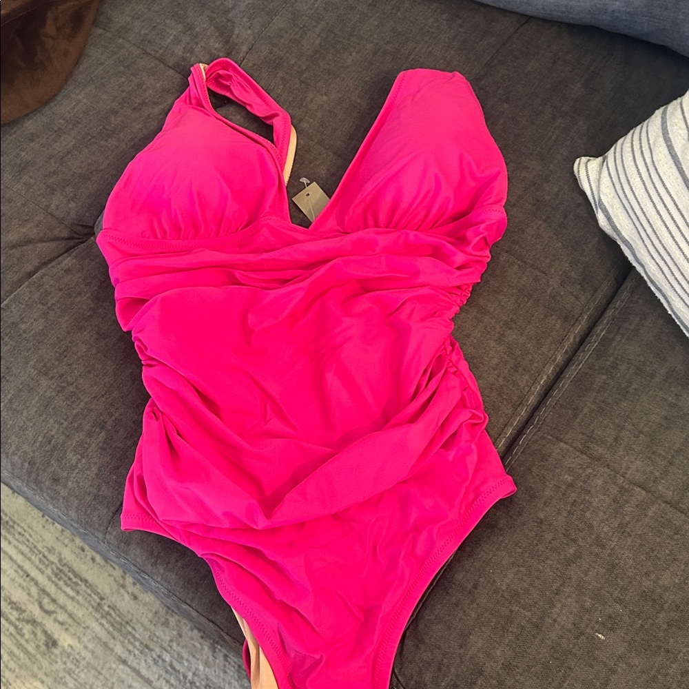 J. CREW One Piece Swimsuit Barbie Hot Pink Ruched Beach Preppy Size 8 10 12 M L